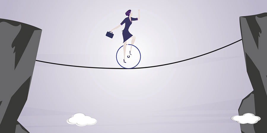 Illustration of a woman on a unicycle crossing the gap between two cliffs on a high wire